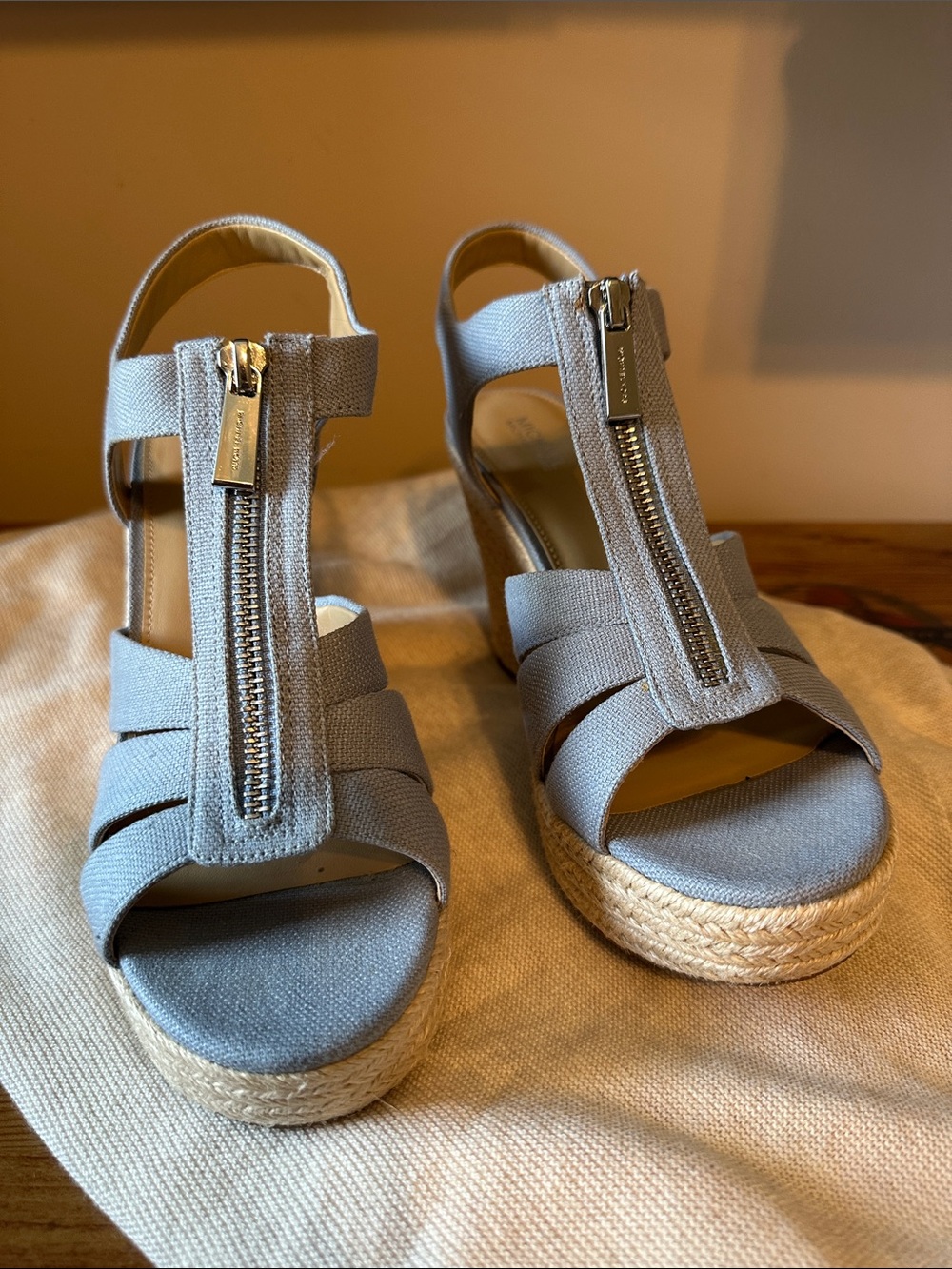 Michael Kors Women’s Light BlueEspadrille Wedge Sandals with Front Zipper